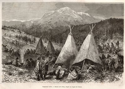 An Indian camp, in Utah territory, on the banks of the Riviere Verte (engraving after the drawing of E. Riou, to illustrate the story 
