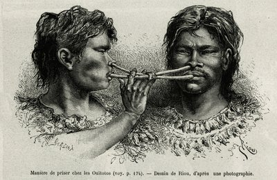 An instrument made of bird bone and a way of snuffing among the Indians ouitotos (uitoto), blowing in unison, they simultaneously send the catch. Engraving by Riou, to illustrate the story of Cayenne aux Andes, by Jules Crevaux, doctor of the French navy by Edouard Riou