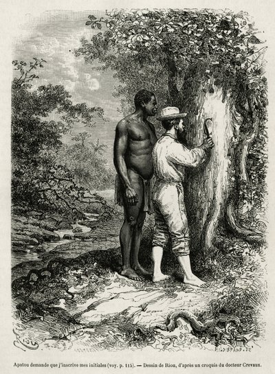 Apatou, guide and travel companion asks the explorer author to engrave his initials in the bark of a tree (engraving by Riou, to illustrate the story 