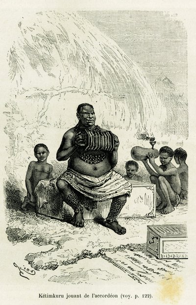Ketimkuru, tribal leader, playing the accordion. Engraving to illustrate the story Les lacs de l