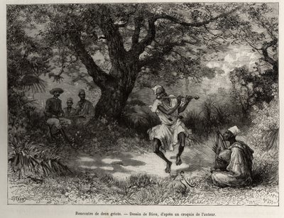 Meet two griots, Captain Binger, sitting in the shade, enjoys the show. Engraving by Riou, to illustrate the story 