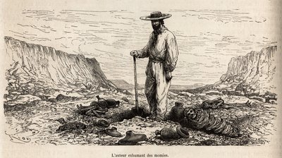 Paul Marcoy exhuming Inca mummies (Lower Peru), engraving by E. Riou illustrating the journey in the mountains, the valley of Huarancalqui and the regions of Pjonal, from 1862 to 1863, by Paul Marcoy, published in “Le tour du monde” 1875, edited by Edouard by Edouard Riou