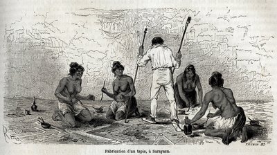 Paul Marcoy learned to make a carpet with the widows of Sarayacu, drawing by Riou, to illustrate Paul Marcoy