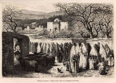 Procession to the Marabout de Tlemcen (Algeria). Engraving illustrating a voyage to Tlemcen by E. de Lorral, published in 