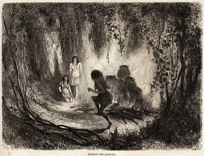 The cooking of pottery by the Conibo Indians of Peru, with the presence of an old woman who sings and dances around the fire to prevent evil spirits from coming to touch and break the pottery, drawing by Riou to illustrate the voyage, from 1848 to 1860, of by Edouard Riou