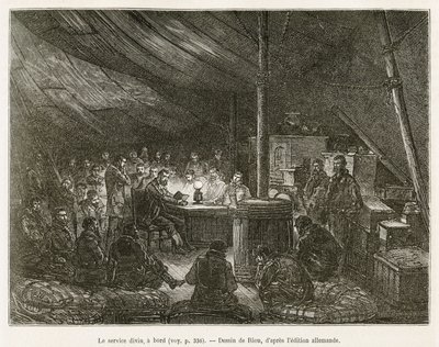 The divine service on board, every Sunday at noon. Engraving after Riou