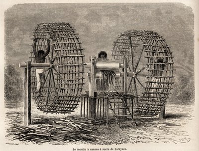 The mill to grind sugar cane from Sarayacu (Peru), drawing by Riou, to illustrate Paul Marcoy