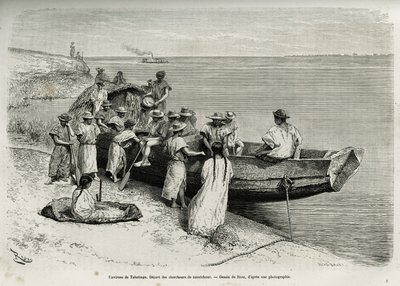 The start of rubber researchers, in the vicinity of Tabatinga (upper Amazon region). Engraving by Riou, to illustrate the story of Cayenne aux Andes, by Jules Crevaux, doctor of the French navy, in 1878-1879, published in the Tour du monde, under the direc by Edouard Riou
