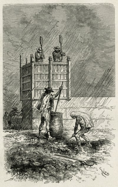 The Tapial Technique of Building Clay Walls (engraving by Riou, to illustrate the story L