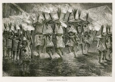 The torchlight walk through the streets of San Jose (drawing by E. Riou, to illustrate the journey in the Titicaca region and the valleys of the east of Lower Peru, 1873 by Paul Marcoy. Engraving in 