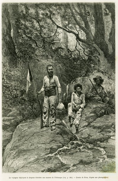 The Traveler Deploying the Tricolor Flag to the Sources of the Orinoco. Engraving by Riou, to illustrate the story 