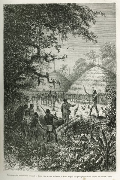 Yacouman, Roucouyenne chief, tribe of Guiana on the banks of the Oyapock, chasing the devil, he walks through the village after the birth of a child, sprinkling a milky white liquid with a feather brush, engraving after a drawing by Riou, to illustrate the by Edouard Riou