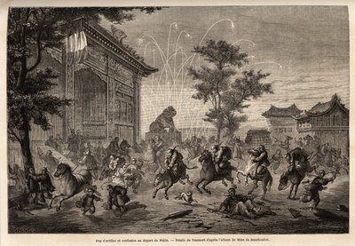 Fireworks in Pekin and confusion of the crew of the French legation on the departure for Mongolia. Engraving in Le tour du monde, edited by Edouard Charton by Edouard Vaumort