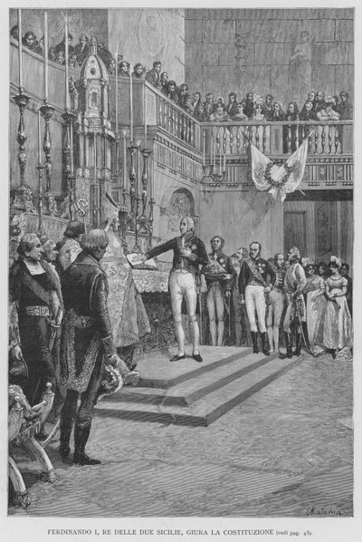 Ferdinand I, King of the Two Sicilies, Swears the Constitution (engraving) by Edouardo Matania
