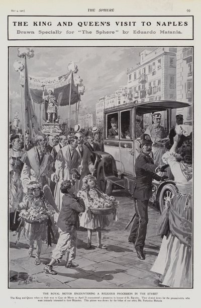 King Edward VII and Queen Alexandra encountering a religious procession on a street during their visit to Naples, Italy by Edouardo Matania