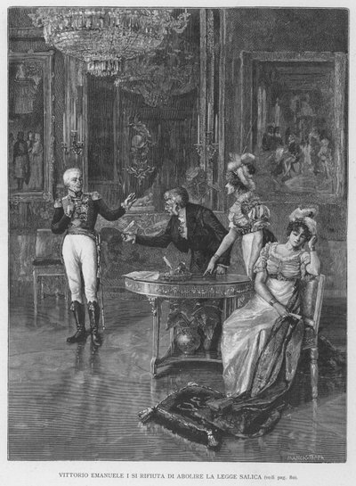 Victor Emmanuel I Refuses to Abolish the Salic Law (engraving) by Edouardo Matania