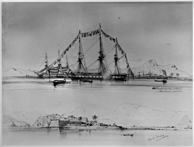 Three-Master on the Coast and View of a Fort near Rio de Janeiro by Eduard Hildebrandt