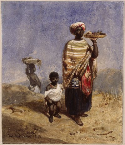 An Afro-Brazilian Woman Leading a Small Boy with Her Right Hand, Holding a Fruit Bowl with Her Left by Eduard Hildebrandt