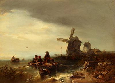 Coast of Normandy with Windmills and Fishing Boats by Eduard Hildebrandt