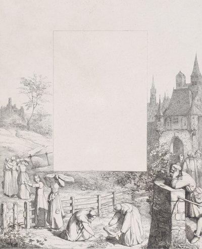 Plate 5: Women Collecting Plants and Carrying Them Over Their Heads, a Male Onlooker at Right by Eduard Julius Friedrich Bendemann