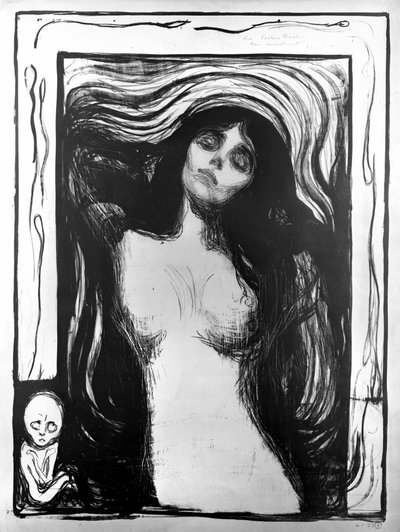 Madonna, lithograph by Edvard Munch dedicated to Dr. Bucher. by Edvard Munch