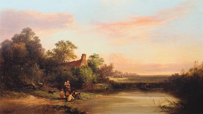 English Landscape with Cottage and Stream by Edward Charles Williams
