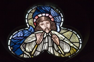 Angels blowing double pipes, Angel Musicians by Edward Coley and Dearle Burne Jones