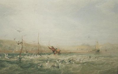 Fishermen Chasing Seagulls from the Nets, Mumbles, South Wales by Edward Duncan