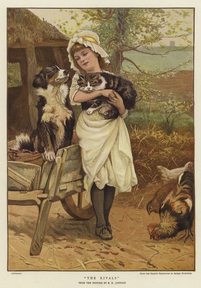 A Young Girl Holding a Cat in Her Arms Alongside a Dog by Edward Killingworth Johnson