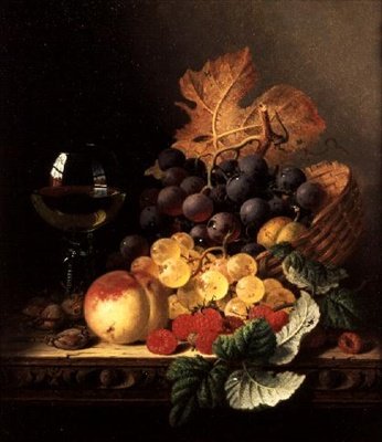A Basket of Grapes, Raspberries, a Peach and a Wine Glass on a Table by Edward Ladell