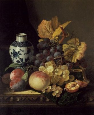 Grapes, Peaches, Plums and Currants with a Blue and White Vase by Edward Ladell