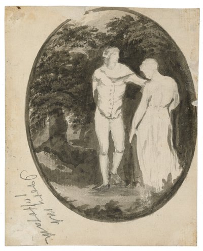 A Couple in a Wooded Landscape set in an oval (verso), c. 1838-1848 by Edward Lear