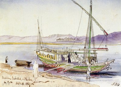 Egyptian Boat Docked on the Shore of the Nile, Between Daboad and Phila by Edward Lear