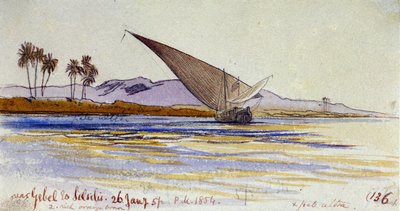 The banks of the Nile, with palm trees and gyassi facing the bank, near Gebel el Silsileh by Edward Lear