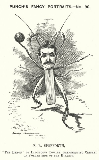 Punch cartoon: Fred Spofforth, Australian cricketer by Edward Linley (after) Sambourne