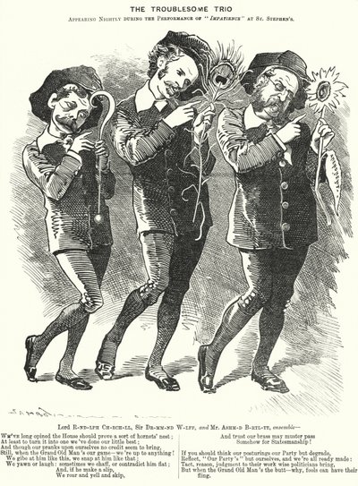 Punch cartoon: The Troublesome Trio: Lord Randolph Churchill, Henry Drummond Wolff and Ellis Ashmead-Bartlett, British Conservative politicians by Edward Linley (after) Sambourne