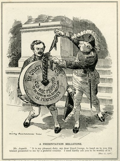A Presentation Millstone, Prime Minister Asquith presents Chancellor of the Exchequer, Lloyd George, with the Old Age Pensions scheme, 1908 by Edward Linley Sambourne