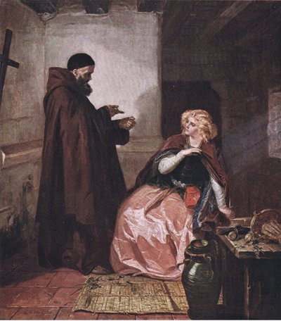 Juliet and Friar Laurence (Romeo and Juliet) Take thou the phial, being then in bed, and this distilled liquor drink thou off, from The Complete Works of William Shakespeare pub. by J Coker & Co Ltd by Edward Matthew Ward