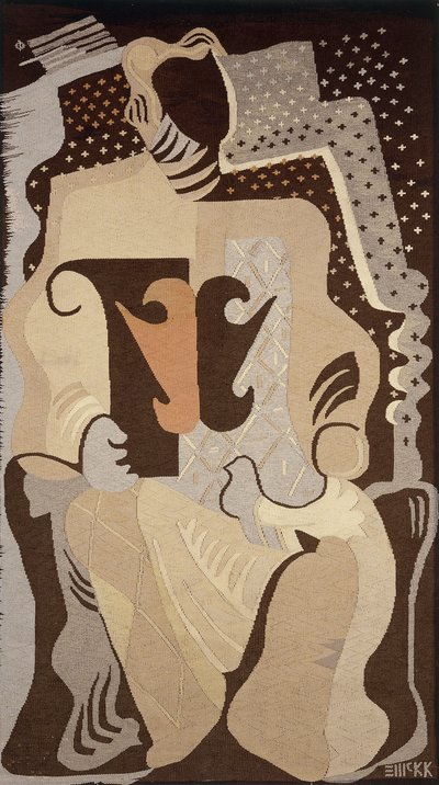 A tapestry depicting a woman seated with a dove on her lap by Edward McKnight Kauffer
