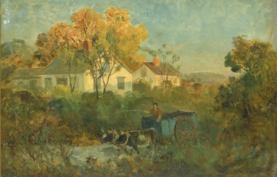 The Drinking Pool Man in Cart with Oxen at Pool by Edward Mitchell Bannister