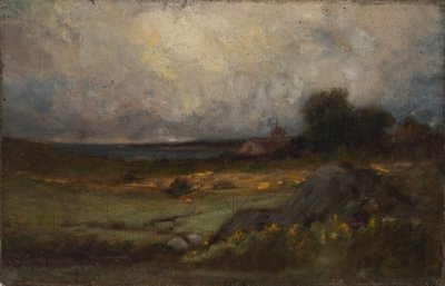 Landscape with Rock in Foreground and Roof with Steeple, Lake in Background by Edward Mitchell Bannister