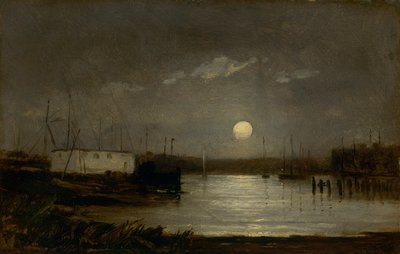 Untitled (moon over a harbor, wharf scene with full moon and masts of boats) by Edward Mitchell Bannister