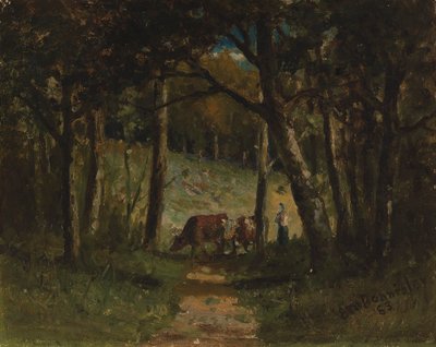 Untitled cows on path in forest by Edward Mitchell Bannister