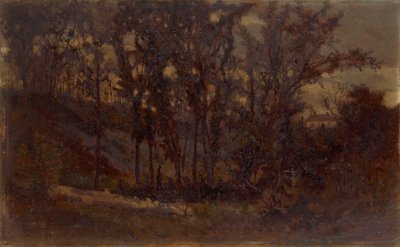 Untitled forest scene, fallen tree in foreground and house in background, 1873 by Edward Mitchell Bannister