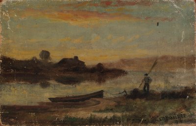 Untitled Landscape, Boat Moored Near Bank with Man Walking by Edward Mitchell Bannister