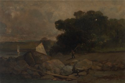 Untitled Landscape with Rocks, Man and Sailboats by Edward Mitchell Bannister