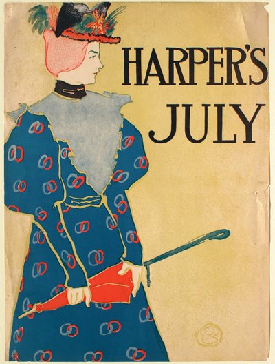 Young woman in blue gown with a red umbrella, July, Harper