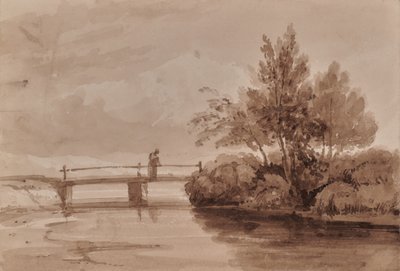River Scene with Wooden Bridge and Figure by Edward Pretty
