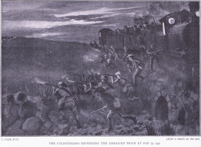 The Coldstreams defending a derailed train (illustration from After Pretoria: The Guerilla War, 1902) by Edward Read