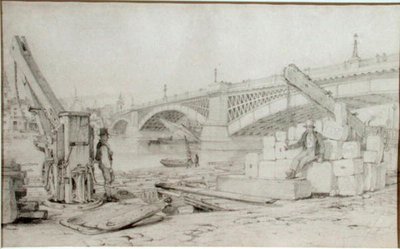 View of Southwark Bridge and the River Thames from Bankside, with two derricks in the foreground by Edward William Cooke